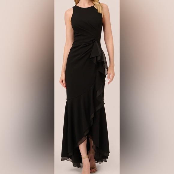 Adrianna Papell | High Low Crepe Halter Gown | Organza Draping | Women’s 10 - Picture 1 of 9